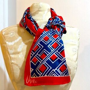 Vera Rectangular Geo Abstract Red White Blue Vintage Scarf Japan 44”x15 1/2”